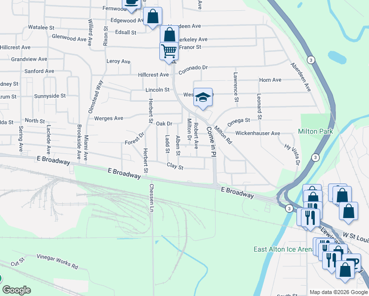 map of restaurants, bars, coffee shops, grocery stores, and more near 613 Stowell Avenue in Alton