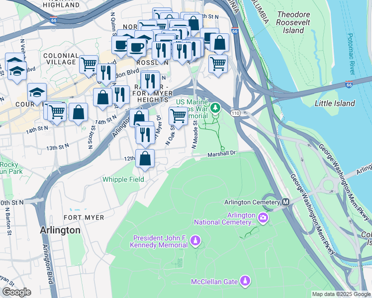 map of restaurants, bars, coffee shops, grocery stores, and more near 1402 12th Street North in Arlington