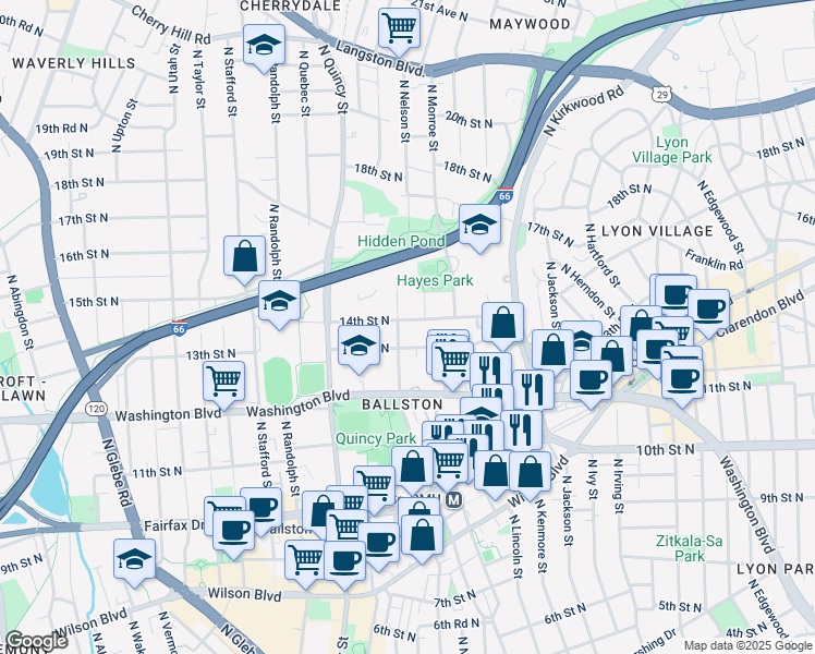 map of restaurants, bars, coffee shops, grocery stores, and more near 3614 14th Street North in Arlington