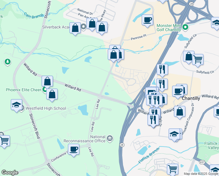 map of restaurants, bars, coffee shops, grocery stores, and more near 14601 Lee Road in Chantilly
