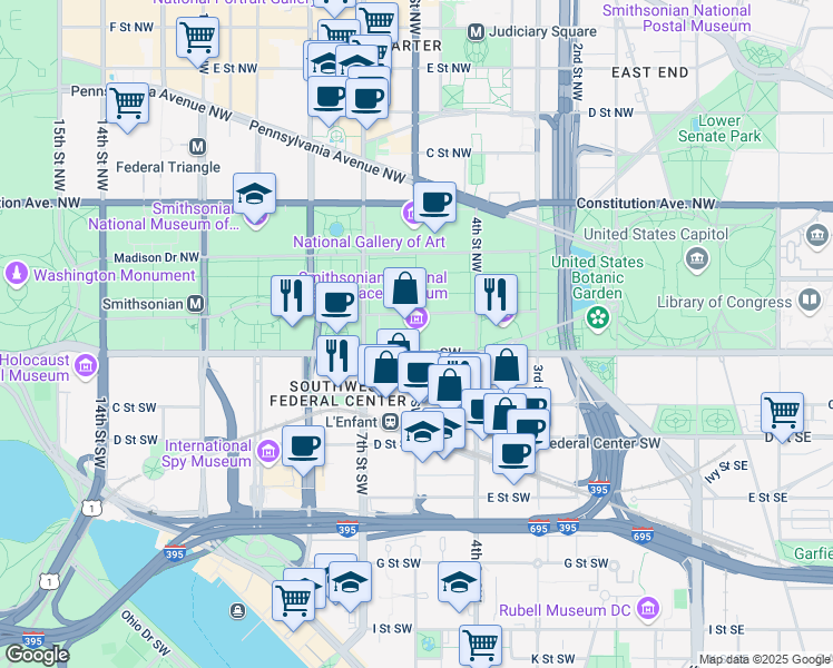 map of restaurants, bars, coffee shops, grocery stores, and more near 600 Independence Avenue Southwest in Washington