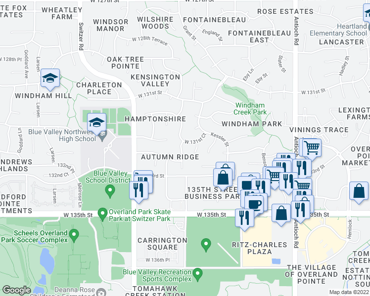 map of restaurants, bars, coffee shops, grocery stores, and more near 13220 Carter Street in Overland Park