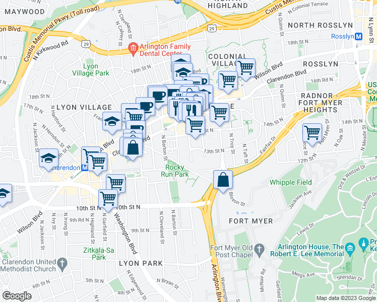 map of restaurants, bars, coffee shops, grocery stores, and more near 1276 North Wayne Street in Arlington