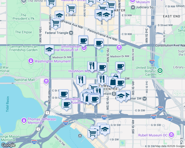 map of restaurants, bars, coffee shops, grocery stores, and more near 900 Jefferson Drive Southwest in Washington