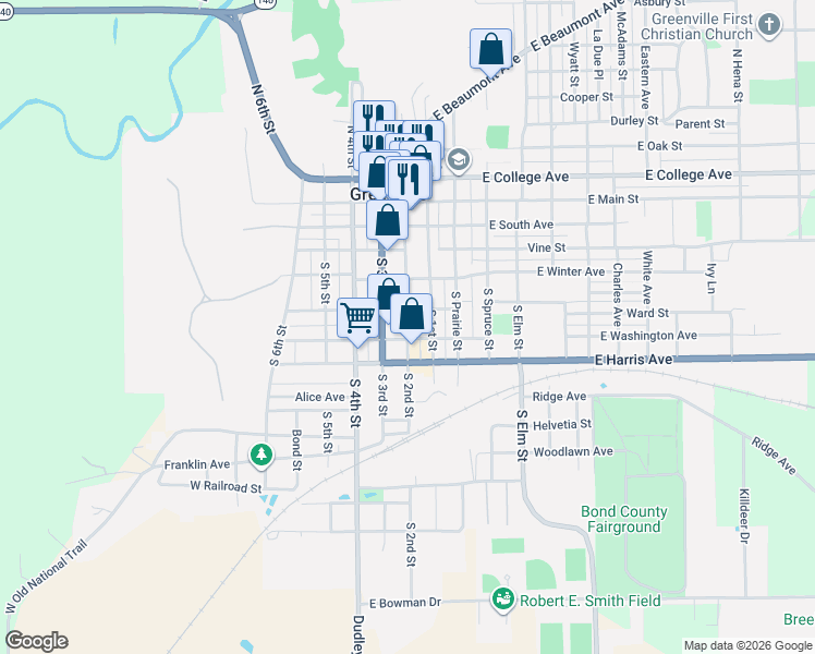 map of restaurants, bars, coffee shops, grocery stores, and more near 521 South 2nd Street in Greenville