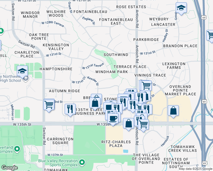 map of restaurants, bars, coffee shops, grocery stores, and more near 8918 West 132nd Terrace in Overland Park