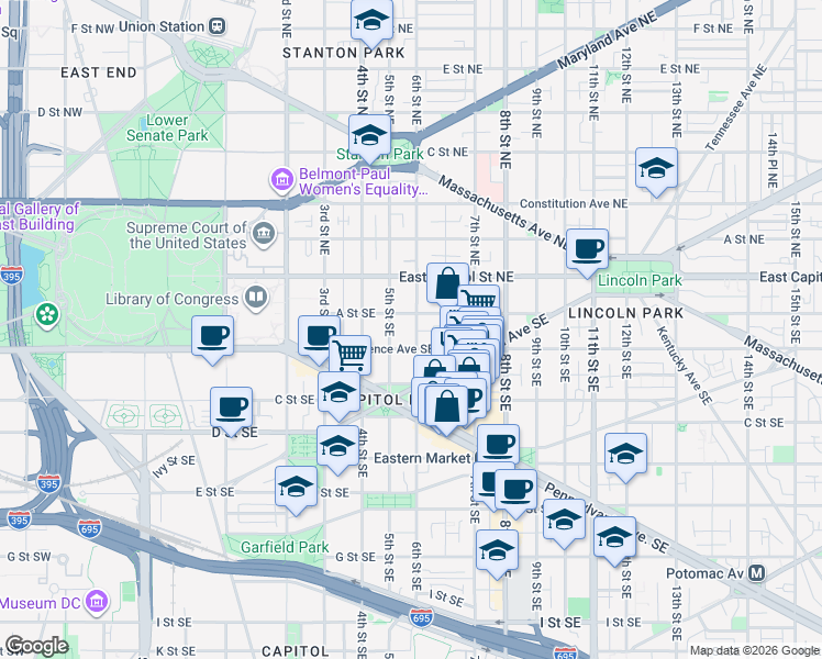 map of restaurants, bars, coffee shops, grocery stores, and more near 101 Independence Avenue Southeast in Washington