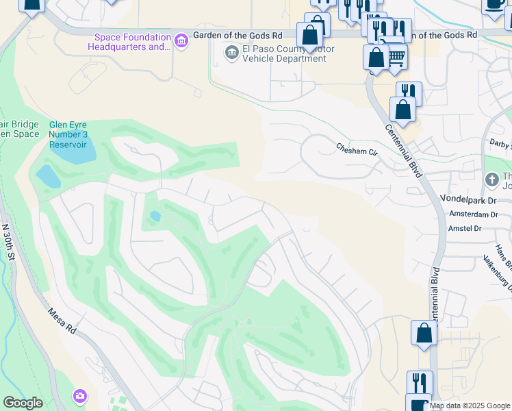 map of restaurants, bars, coffee shops, grocery stores, and more near 1710 Coyote Point Drive in Colorado Springs