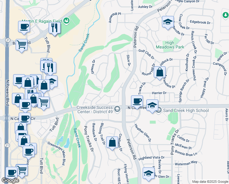 map of restaurants, bars, coffee shops, grocery stores, and more near 3731 Riviera Grove in Colorado Springs