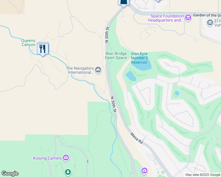 map of restaurants, bars, coffee shops, grocery stores, and more near Palmer-Mesa Trail in Colorado Springs
