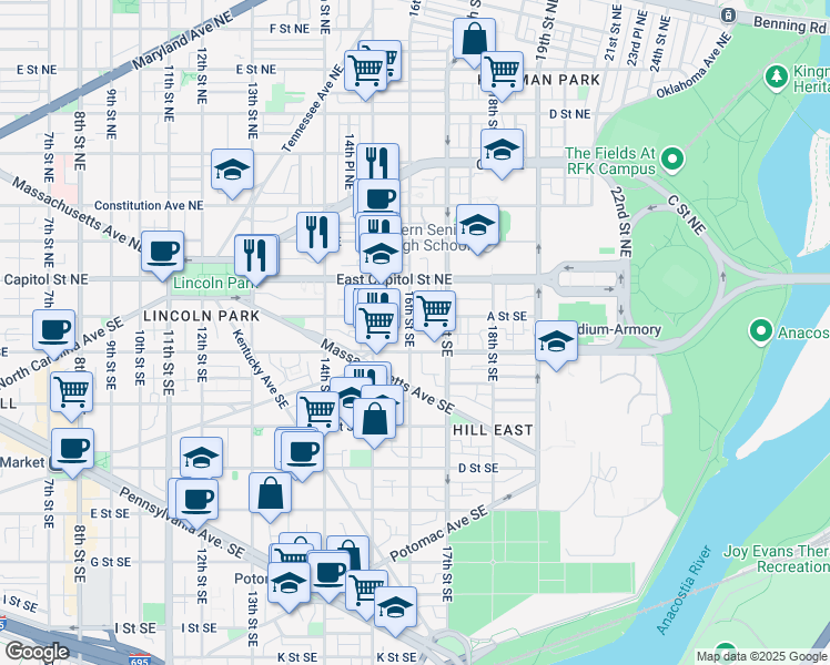 map of restaurants, bars, coffee shops, grocery stores, and more near 101 Independence Avenue Southeast in Washington