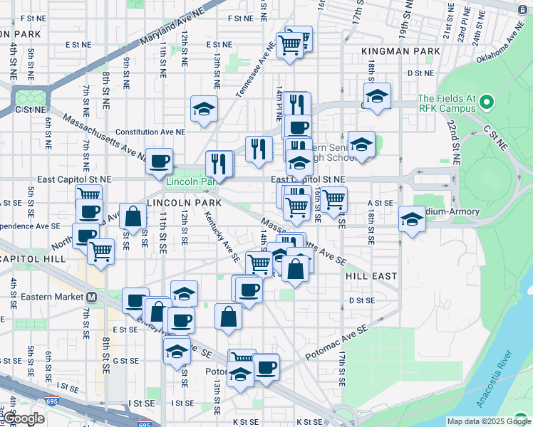 map of restaurants, bars, coffee shops, grocery stores, and more near 101 Independence Avenue Southeast in Washington