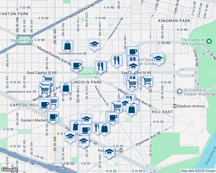 map of restaurants, bars, coffee shops, grocery stores, and more near 101 Independence Avenue Southeast in Washington