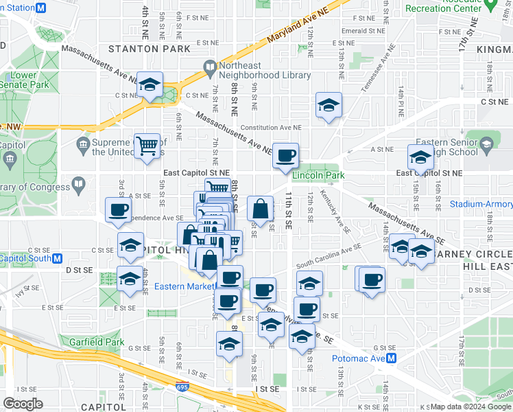 map of restaurants, bars, coffee shops, grocery stores, and more near 101 Independence Avenue Southeast in Washington