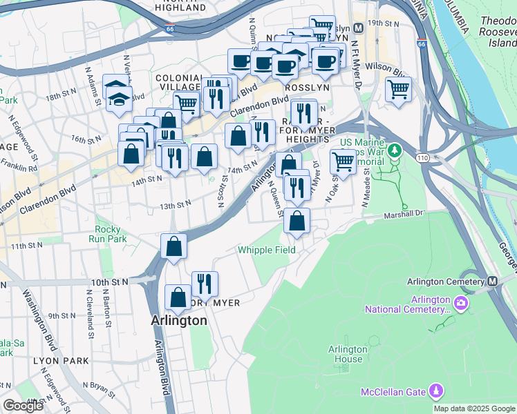 map of restaurants, bars, coffee shops, grocery stores, and more near 101 Independence Avenue Southeast in Washington