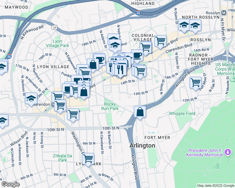 map of restaurants, bars, coffee shops, grocery stores, and more near 1276 North Wayne Street in Arlington