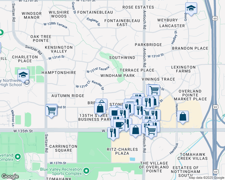 map of restaurants, bars, coffee shops, grocery stores, and more near 8918 West 132nd Terrace in Overland Park