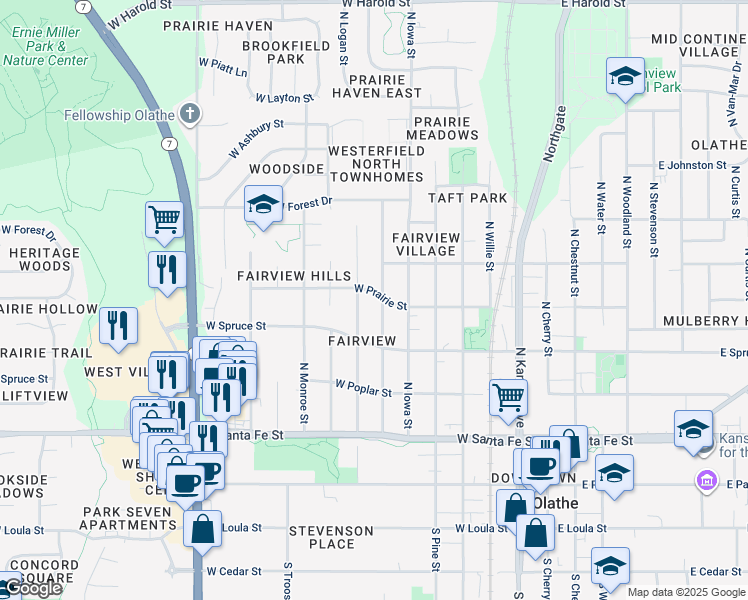 map of restaurants, bars, coffee shops, grocery stores, and more near 435 North Lincoln Street in Olathe