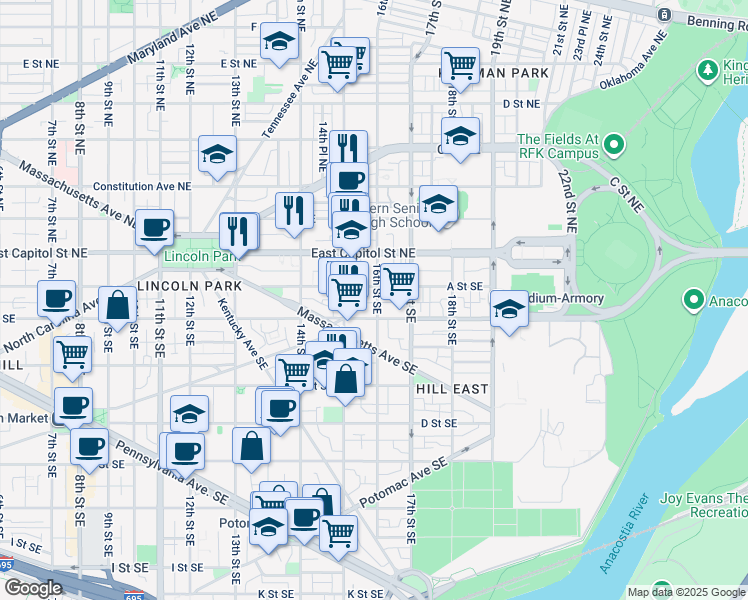 map of restaurants, bars, coffee shops, grocery stores, and more near 117 16th Street Southeast in Washington