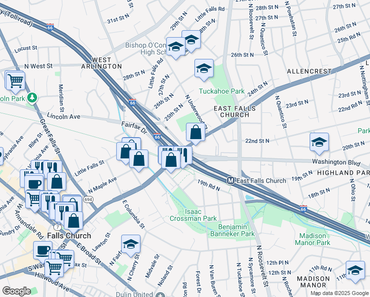 map of restaurants, bars, coffee shops, grocery stores, and more near 6845 Washington Boulevard in Arlington
