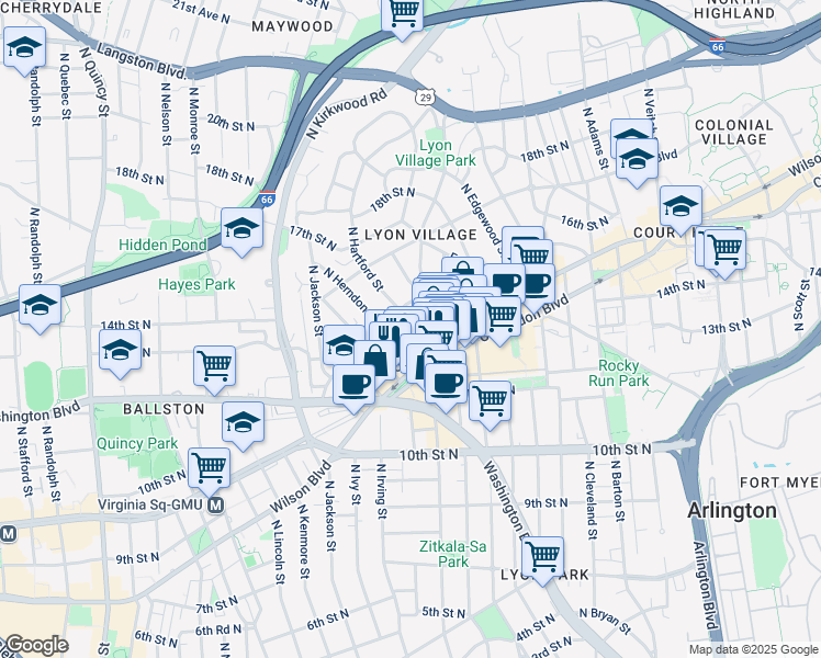 map of restaurants, bars, coffee shops, grocery stores, and more near 1200 North Hartford Street in Arlington