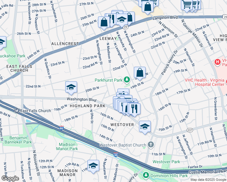 map of restaurants, bars, coffee shops, grocery stores, and more near 1910 North Madison Street in Arlington