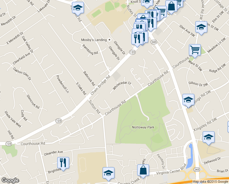 map of restaurants, bars, coffee shops, grocery stores, and more near 9611 Whitecedar Court in Vienna