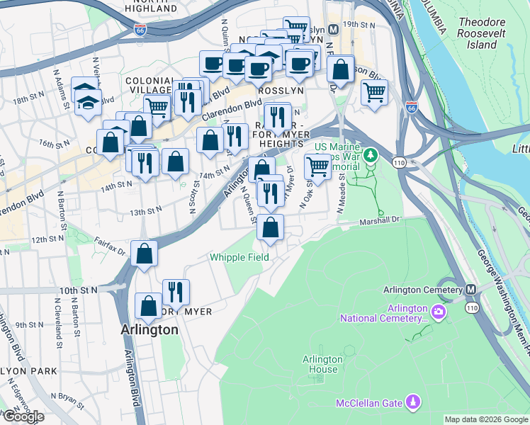 map of restaurants, bars, coffee shops, grocery stores, and more near 1221 North Pierce Street in Arlington