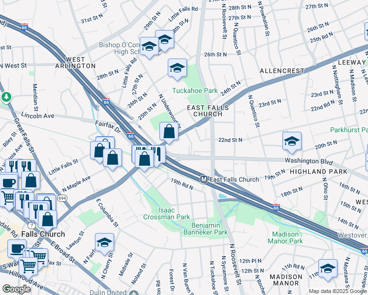 map of restaurants, bars, coffee shops, grocery stores, and more near 6705 Washington Boulevard in Arlington