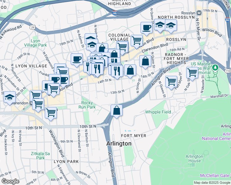map of restaurants, bars, coffee shops, grocery stores, and more near N Courthouse Rd & 13th St N in Arlington