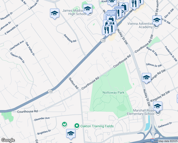 map of restaurants, bars, coffee shops, grocery stores, and more near 9611 Whitecedar Court in Vienna