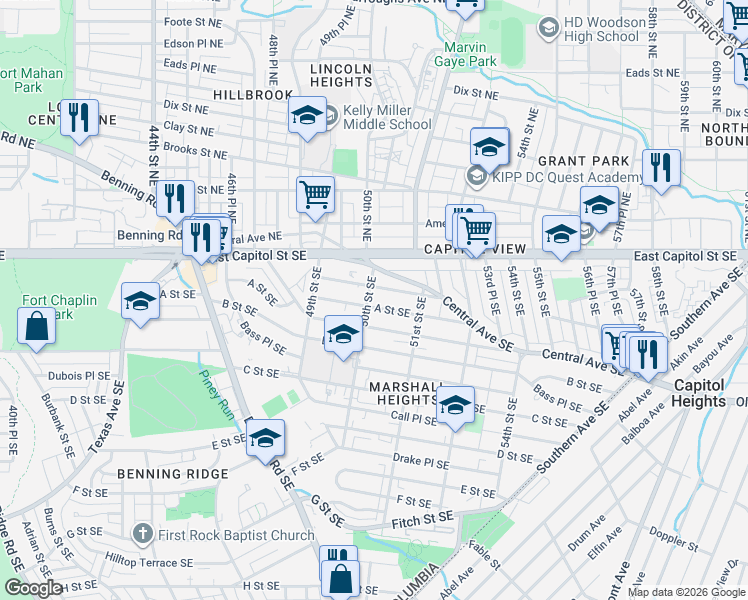 map of restaurants, bars, coffee shops, grocery stores, and more near 5000 A Street Southeast in Washington