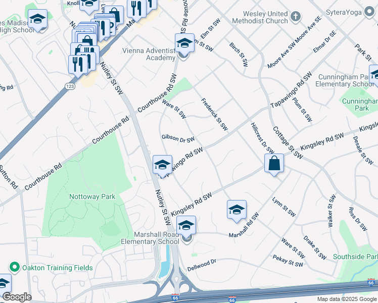 map of restaurants, bars, coffee shops, grocery stores, and more near 607 Tapawingo Road Southwest in Vienna