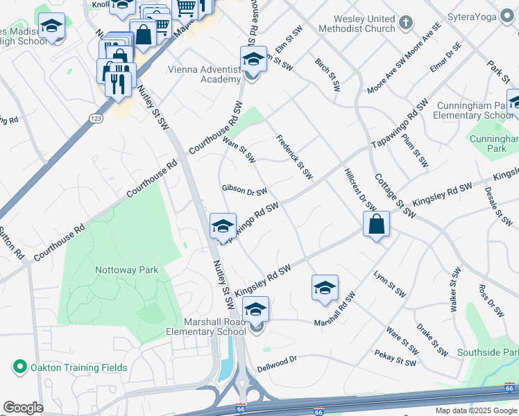 map of restaurants, bars, coffee shops, grocery stores, and more near 607 Tapawingo Road Southwest in Vienna