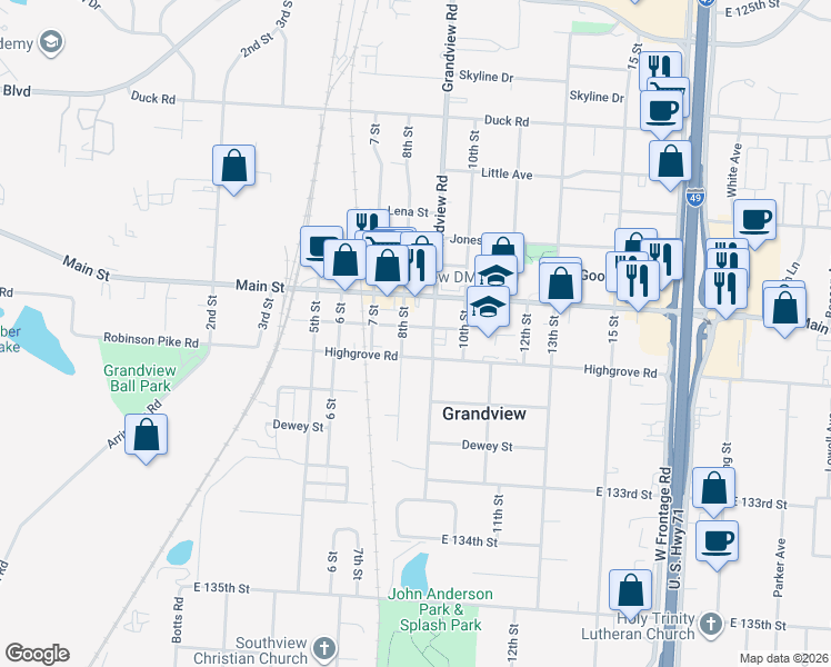 map of restaurants, bars, coffee shops, grocery stores, and more near 801 Main Street in Grandview