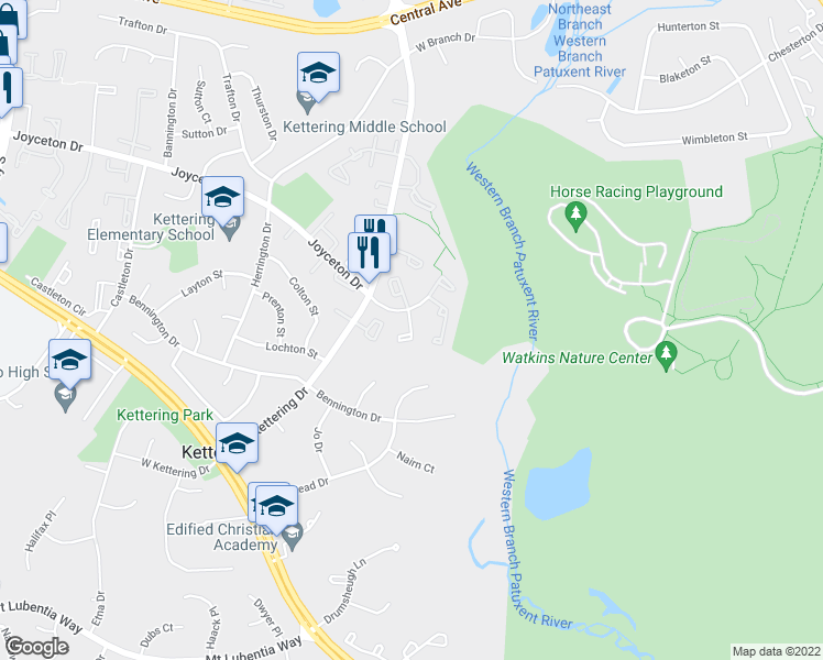 map of restaurants, bars, coffee shops, grocery stores, and more near Firethorn Court in Upper Marlboro
