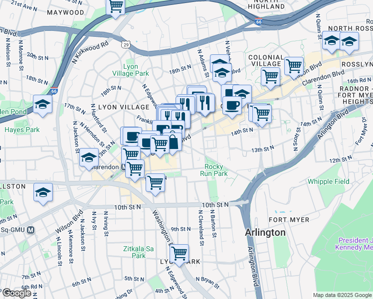 map of restaurants, bars, coffee shops, grocery stores, and more near 2624 Fairfax Drive in Arlington
