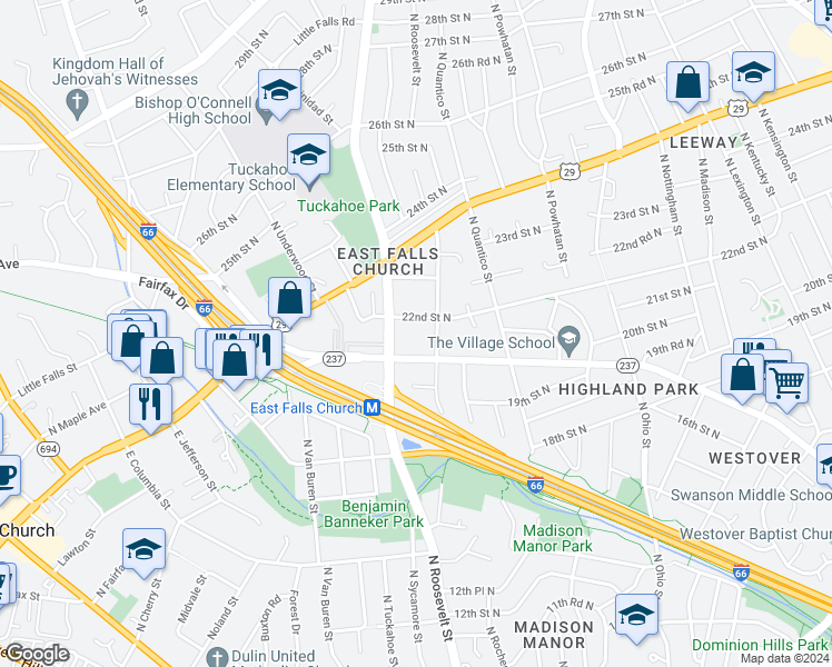 map of restaurants, bars, coffee shops, grocery stores, and more near 6418 22nd Street North in Arlington