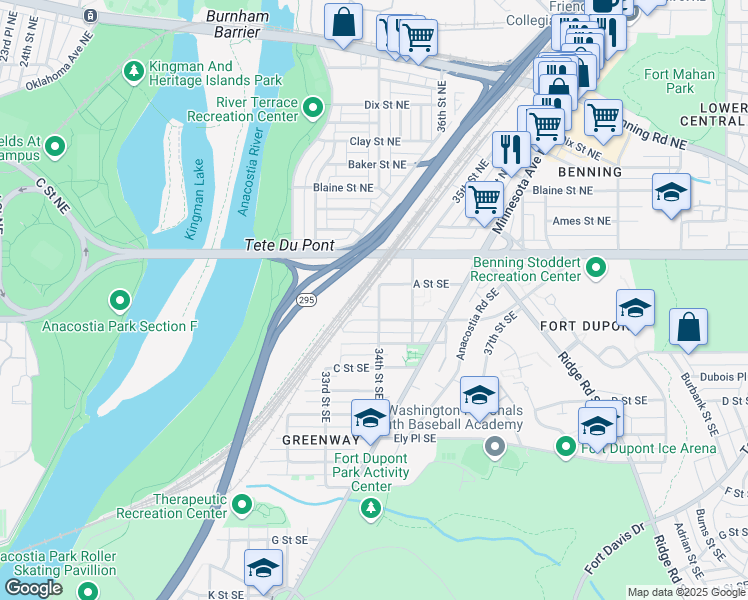 map of restaurants, bars, coffee shops, grocery stores, and more near 117 34th Street Southeast in Washington