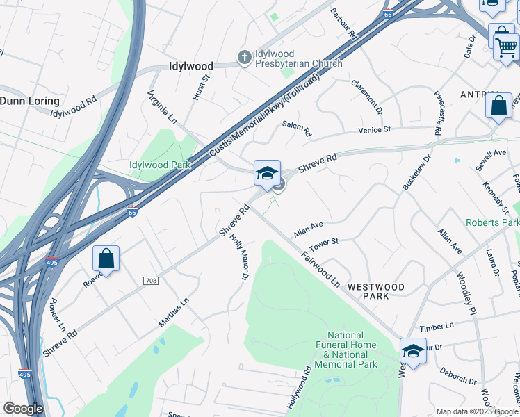 map of restaurants, bars, coffee shops, grocery stores, and more near 7534 Fairwood Lane in Falls Church