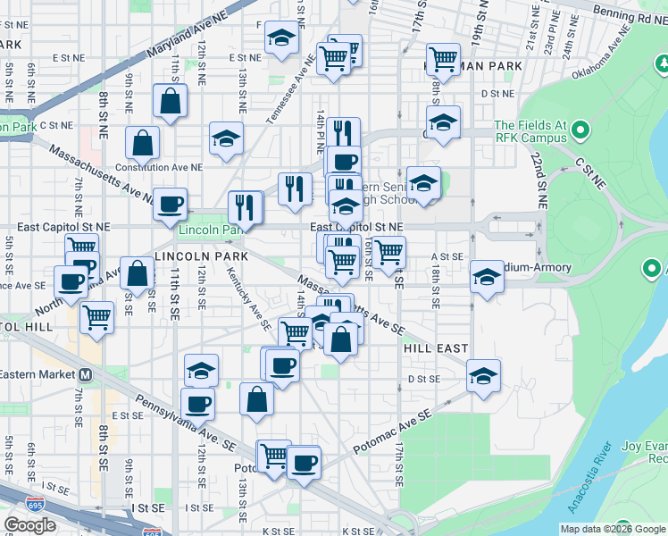 map of restaurants, bars, coffee shops, grocery stores, and more near 113 15th Street Southeast in Washington