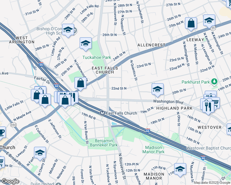 map of restaurants, bars, coffee shops, grocery stores, and more near 6418 22nd Street North in Arlington