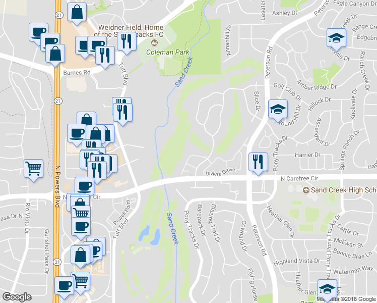 map of restaurants, bars, coffee shops, grocery stores, and more near 6504 Range Overlook Heights in Colorado Springs