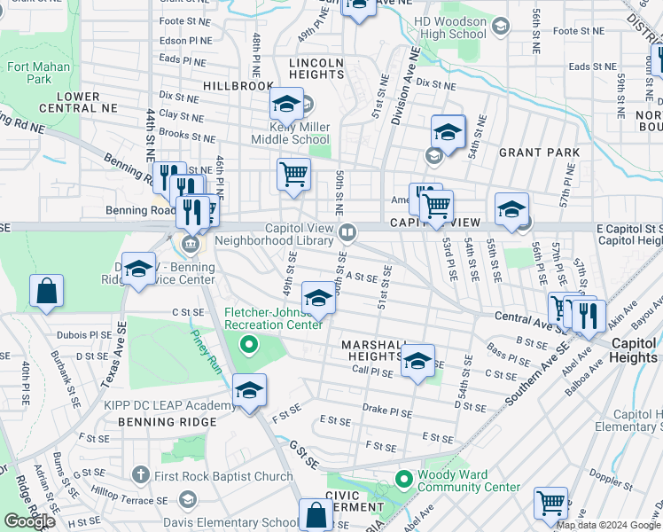 map of restaurants, bars, coffee shops, grocery stores, and more near 4940 A Street Southeast in Washington