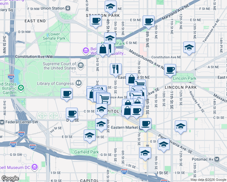 map of restaurants, bars, coffee shops, grocery stores, and more near 101 Independence Avenue Southeast in Washington