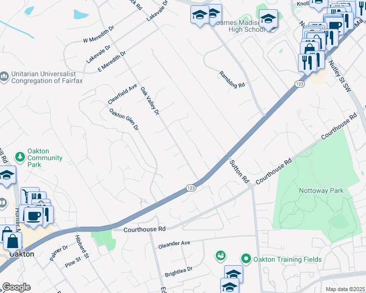 map of restaurants, bars, coffee shops, grocery stores, and more near 2691 Oak Valley Drive in Vienna
