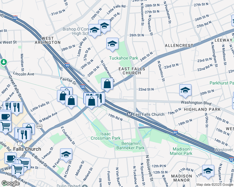 map of restaurants, bars, coffee shops, grocery stores, and more near 6705 Washington Boulevard in Arlington