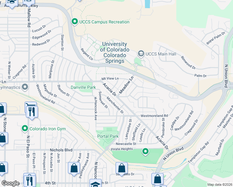 map of restaurants, bars, coffee shops, grocery stores, and more near 1312 Acacia Drive in Colorado Springs