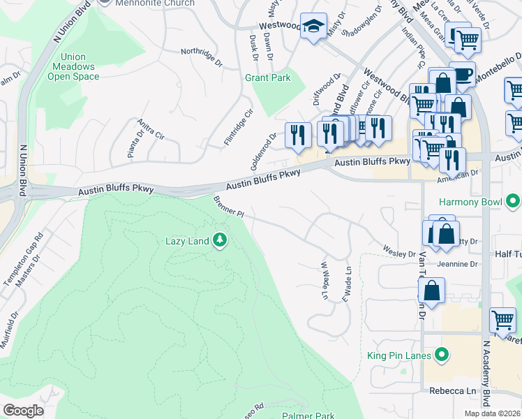 map of restaurants, bars, coffee shops, grocery stores, and more near 3102 Wesley Lane in Colorado Springs