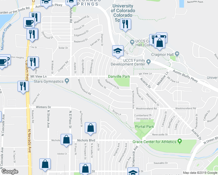 map of restaurants, bars, coffee shops, grocery stores, and more near 1122 Applewood Drive in Colorado Springs